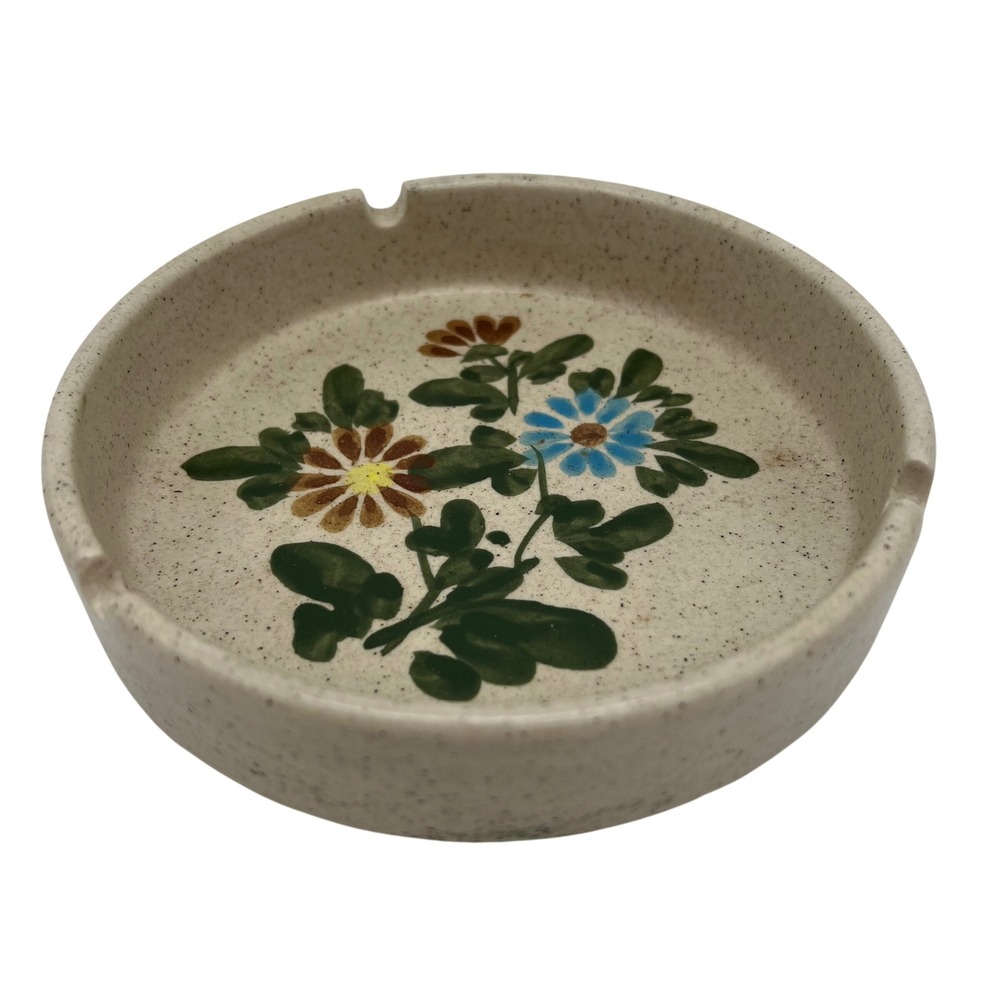 VTG MCM Speckled Stoneware Ashtray Hand‎ Painted Boho Catch All Dish 70s Floral
